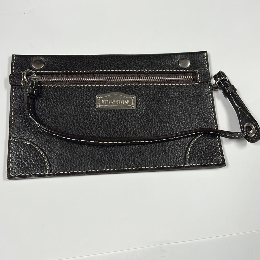 Miu Miu Brown Pebbled Leather Zip Pouch Bag